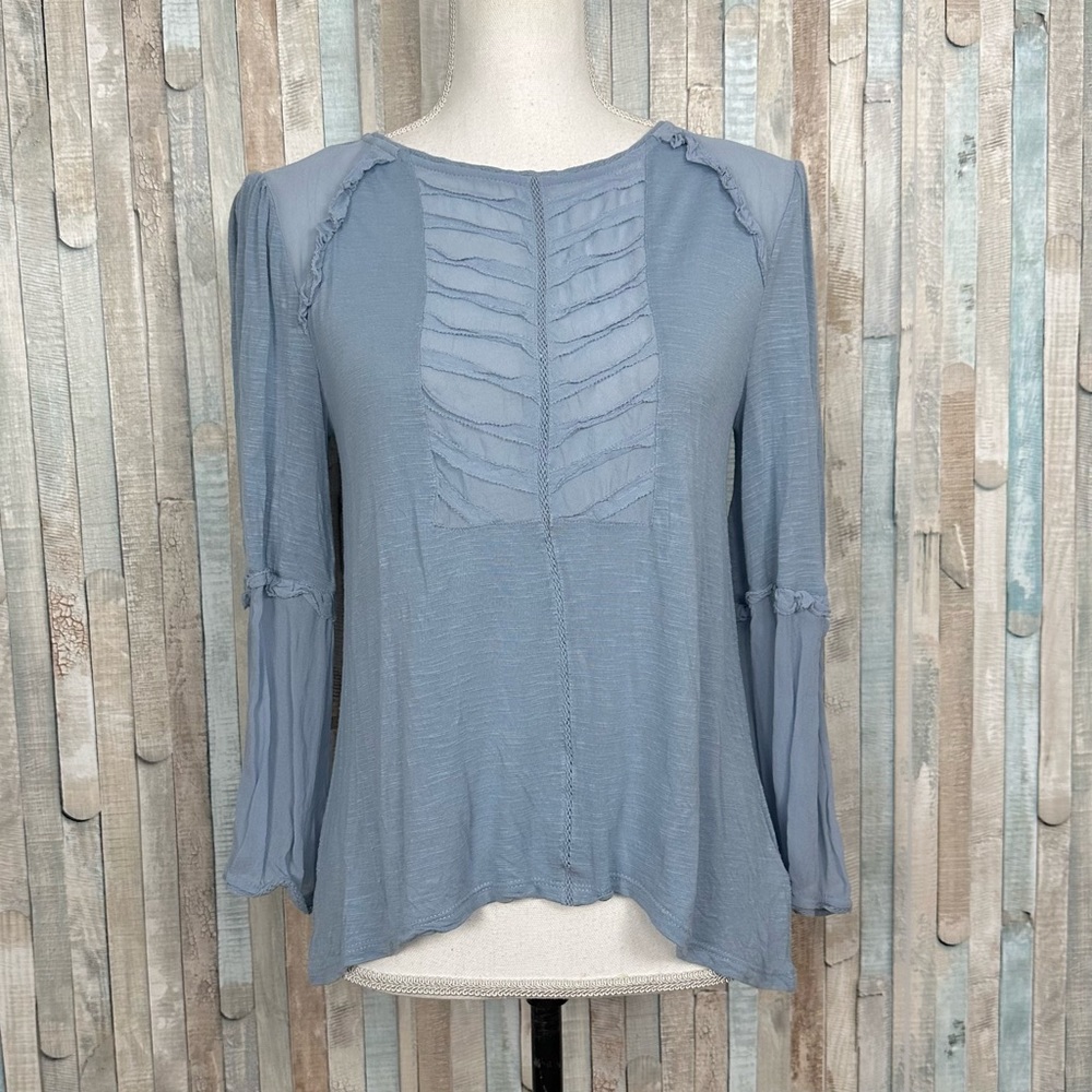 Sundance Catalog S Blue Ruffled Bib Bell Sleeve Blouse Top Boho Cottagecore $128